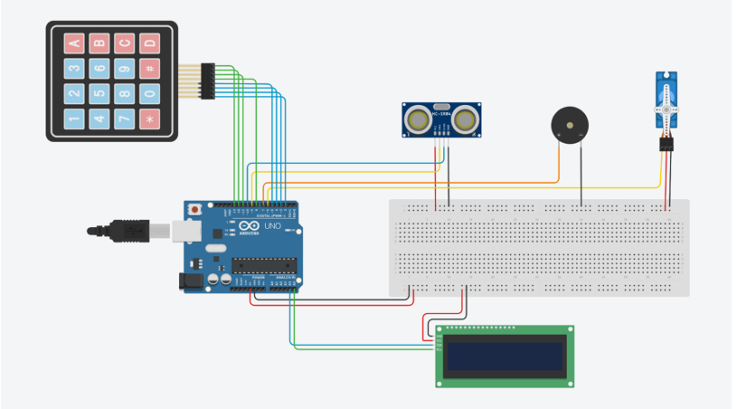 Akıllı Pomodoro Kutusu için Arduino, tuş takımı, ekran, sensör, buzzer ve servo bağlantı şeması